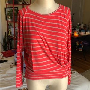 [Bordeaux] Orange-Grey Striped Long-sleeve Top